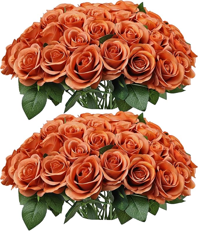 52pcs Terracotta Roses Artificial Flowers Fake Flowers Silk Roses with Stems for DIY Wedding Bouquets Bridal Shower Centerpieces Arrangements Party Decorations