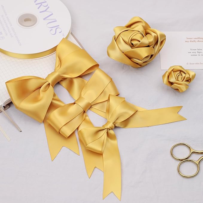 Light Gold Satin Ribbon, Double Faced 1 Inch X 50 Yards Light Gold Ribbon, Premium Satin Ribbon for Gift Wrapping, Crafts, Hair Bow Making, Sewing, Flower Bouquet, Wedding Party Decor