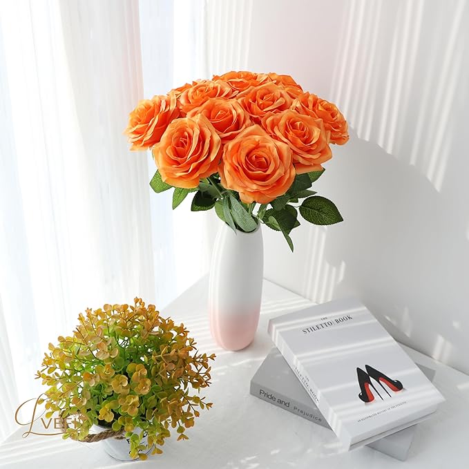 50pcs Artificial Rose Flower Orange Rose Orange Flower with Long Stem Silk Roses Bouquet for Wedding Bridal Shower Party Home Decoration