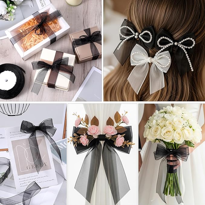 Black Organza Ribbon, 49 Yards Black Chiffon Fabric Mesh Ribbon for Gift Wrapping, 4/5 Inch Flower Bouquet, Bows, Crafts, Christmas Halloween Decoration
