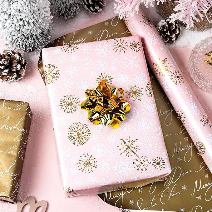 Yarcony Pink Christmas Wrapping Paper Roll, Gold Snowflakes Wrapping Paper, Reversible Pastel Winter Snowflake Theme Christmas Gift Wrap for Holiday Present, Gift Packaging, Party(17Inch x 33Feet)