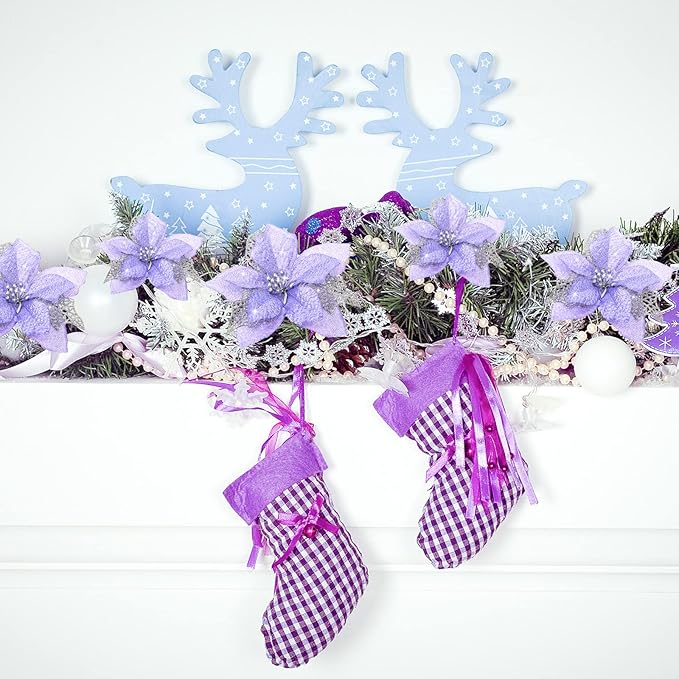 WILLBOND 36 Pieces Christmas Poinsettia Glitter Faux Flowers Christmas Artificial Flowers Tree Ornaments Topper Xmas Decorations(Purple)
