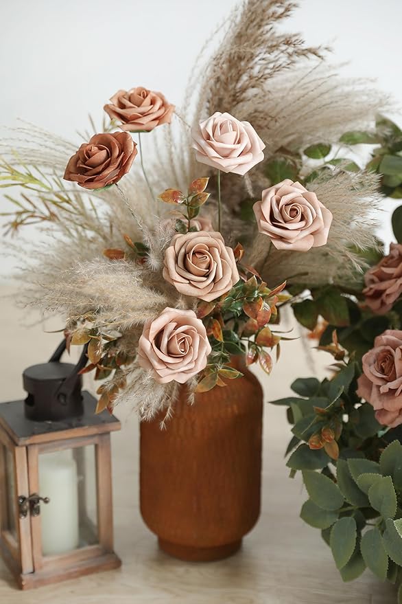 Artificial Flowers Real Looking Dusty Rose Colors Foam Fake Roses with Stems 25pcs for DIY Wedding Bridal Shower Centerpieces Tables Decorations Party