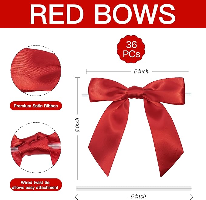 Red Satin Ribbon Twist Tie Bows 5 Inch Pre-Tied Red Gift Bows for Crafts, Treat Bags, Party Favors, Wedding, Baby Shower, Candy Apple, Christmas Tree (36 Pack)