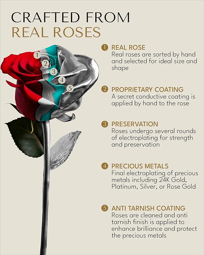 Forever Rose Two Real Roses Dipped in Platinum, Handcrafted Preserved Roses in Acrylic Heart Vase and Luxury Gold Gift Box, Romantic Gift for Her, Elegant Gift for Any Special Occasion