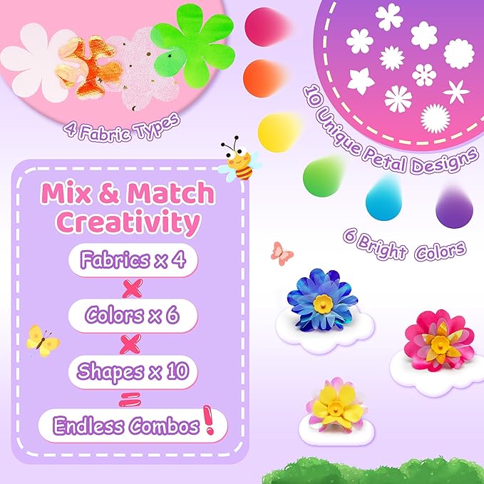 Kiditos DIY Flower Maker Toy Kit – Fabric Flower Bouquet Machine with Accessories, Creative Arts & Crafts Activity Set – Birthday Present, Party Favor & Christmas 2025 Holiday Gift for Kids Ages 3+
