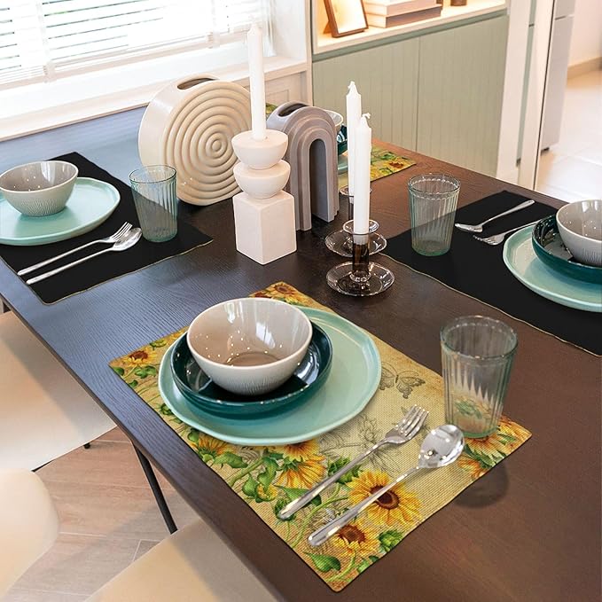 Sunflower Placemats, Rural Vintage Old Watercolour Sunflower Butterfly Flower Bee Print Washable Fabric Placemats Table Kitchen Dining Party 12x18 Inch Set of 4