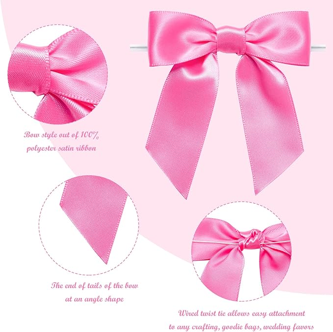 WRAPAHOLIC 30 Pcs 3" Hot Pink Satin Ribbon Bows with Twist Tie - Pretied Premade Craft Bows for Christmas Party Crafts Treat Bags Gift Wrapping Wedding Baby Shower Birthday