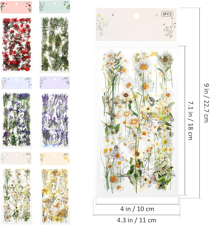 Angoily Vintage Floral Stickers Pet Transparent Flower Decals for Scrapbooking Journals Crafts Planner Decoration with Diverse Botanical Designs