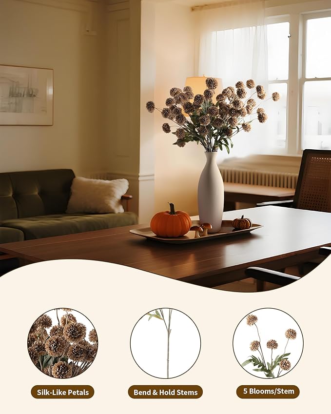 JAKY-Global Fall Flower Fake MUMS Artificial 10 Stems,Long Stems Silk Flowers Autumn Home Decor,Faux Floral Pompon Balls for Table Vase,Halloween Centerpieces,Wedding Arrangements