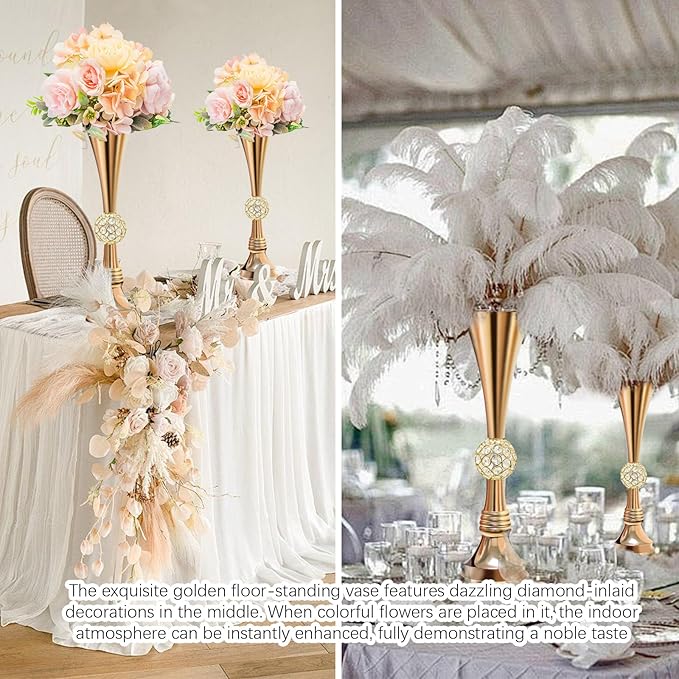 VIJIV 22" Gold Luxury Flower Vase for Wedding Centerpieces - Crystal-Embedded Tall Geometric Metal Vase for Feather, Rust-Resistant Table Decor for Gatsby Party/Reception/Hotel Floral Arrangements