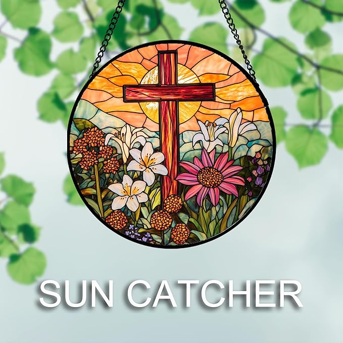 Christian Gifts for Women - Cross Stained Glass Window Hanging Easter Flower Sunset Landscape Sun Catcher Garden Religion Decor Mother's Day Catholic Gift for Men Grandma Mom Her Nana 9.8"