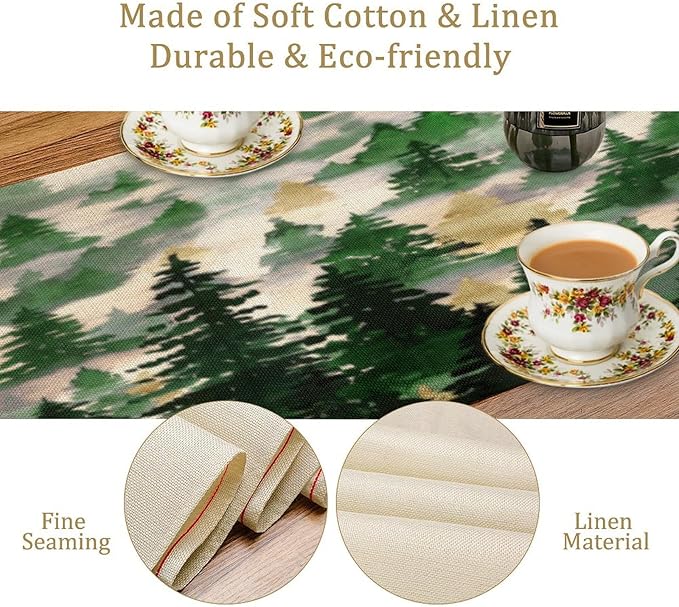 Watercolor Green Pine Trees Table Runner, Forest Woodland Tabletop Scarf Home Kitchen Holiday Decor, Seasonal Farmhouse Rustic Dining Decorations Party Supply 13 X 70 Inch