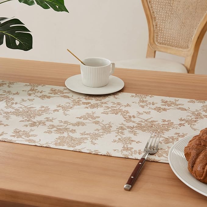 100% Cotton French Pastoral Table Runners, 13x60 Inch Brown Farmhouse Table Runners 60 Inches Long, Vintage Flowers Print Home Decors