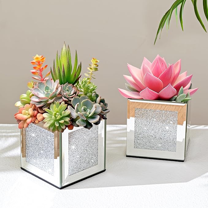 Set of 6 Bling Mirrored Square Glass Vases, 4 x 4 x 4 inches, Silver Flower Vases for Centerpieces Cube Vase Candle Holder for Wedding, Party, Home Office Decoration