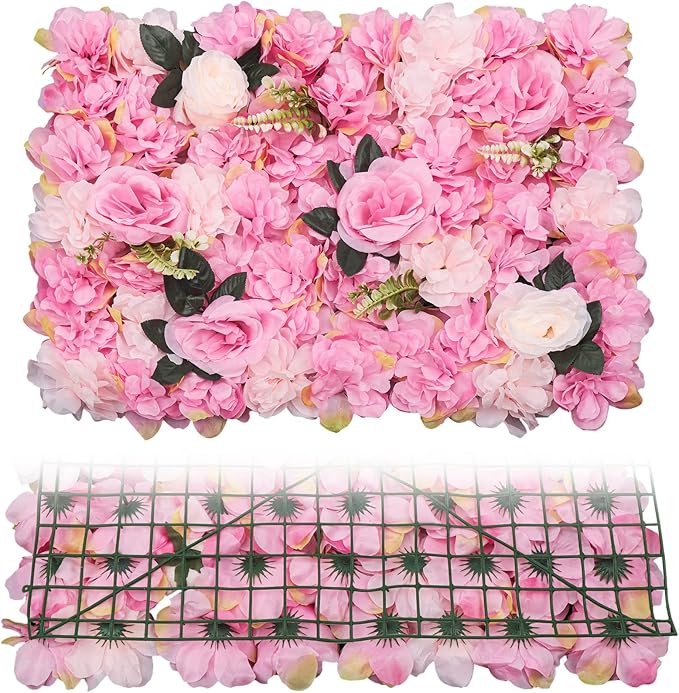 12pcs Flower Wall Panels 15.7“ x 23.6" Floral Wall Artificial Flower Backdrop for Wedding Party Photo Backgrounds Dark Pink