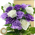FiveSeasonStuff 12 Stems Artificial Flowers Real Touch Silk Roses for Wedding Decoration Bridal Bouquets Table Centerpieces Party Shower, Packed in Box (Purple & White Vows)