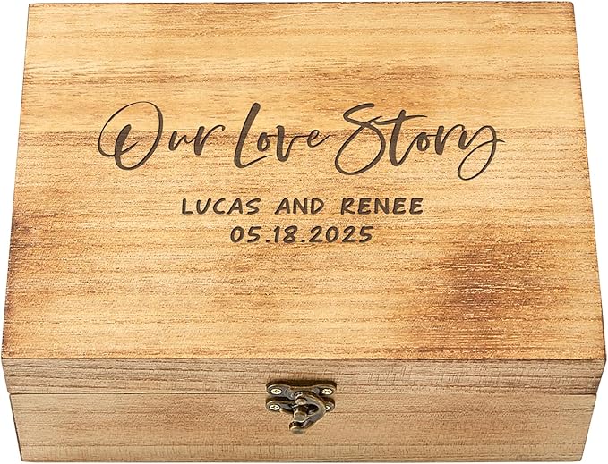 Let's Make Memories Personalized Wooden Keepsake Box With Hinged Lid - Wood Memento Box - Decorative Storage - Home Decor - For Couples, Wedding, Newlyweds - Laser Engraved - Our Love Story