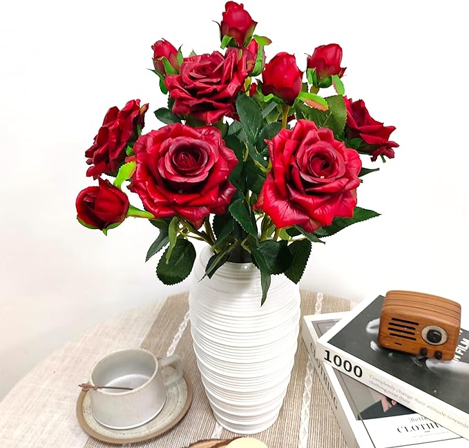 ATFL Fake Red Roses Flowers, 6 Pcs Faux Silk Real Touch Moisturizing Artificial Rose Flowers for Decoration DIY Wedding Party Home Office Decoration and Dining Table Centerpiece (6, red)