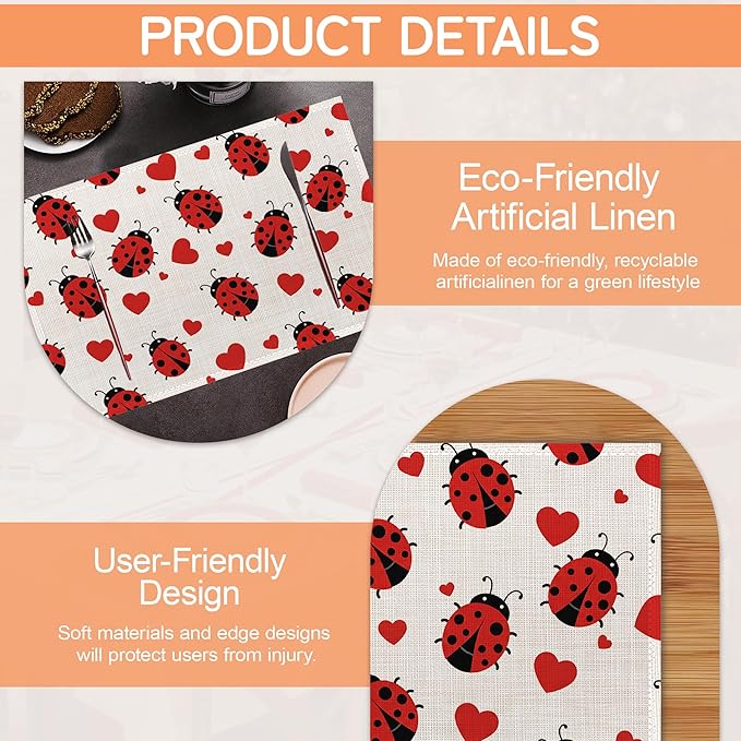 Ladybug Placemats Set of 6,Red Heart Dinner Table Mats Non-Slip Washable Mats for Kitchen Dinner Party Tablemat 12x18Inch