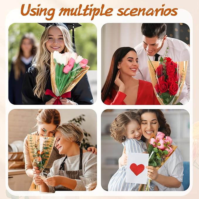 50Pcs Flower Bouquet Wrapping Paper Bags - Kraft Paper & Clear Sleeves for Bouquets, Flower Bar Supplies, Wedding, Mother’s Day, Graduation Gift, 9.45x3.74x17.75 Inch