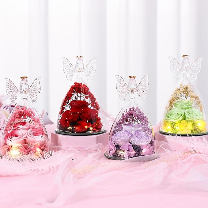 Mothers Day Mom Gifts for Women Preserved Flowers in Glass Angel Forever Flowers Gifts Eternal Roses Gifts for Grandma, Green