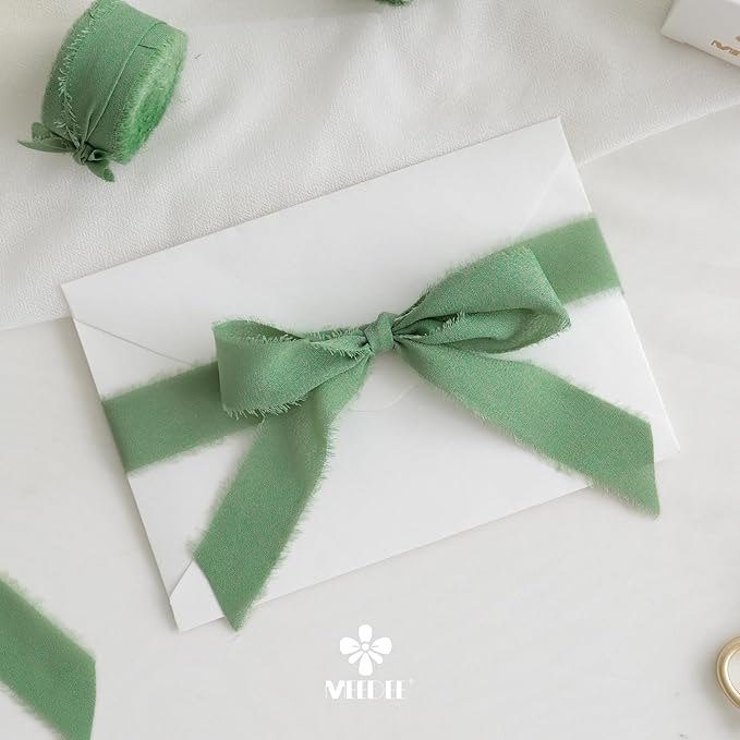 MEEDEE Sage Chiffon Ribbon 1 Inch Green Frayed Ribbons Sage Green Chiffon Silk Light Green Ribbon Thin Chiffon Ribbons for Crafts, Gift Wrapping, Wedding Invitation (3 Rolls 21 Yards)