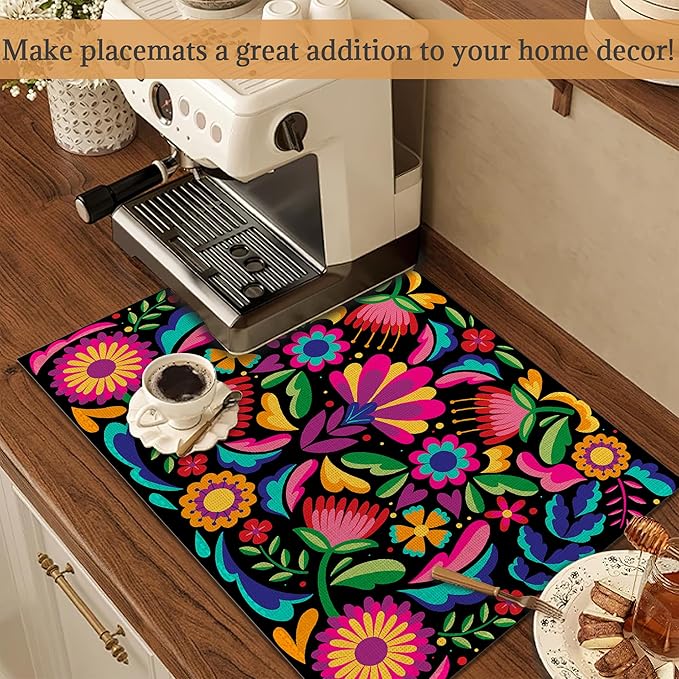 Colorful Floral Mexican Placemats Set of 6 Washable Table Mats for Kitchen Dining Table,Heat-Resistant Place Mats for Indoor Outdoor Party Holiday Decoration