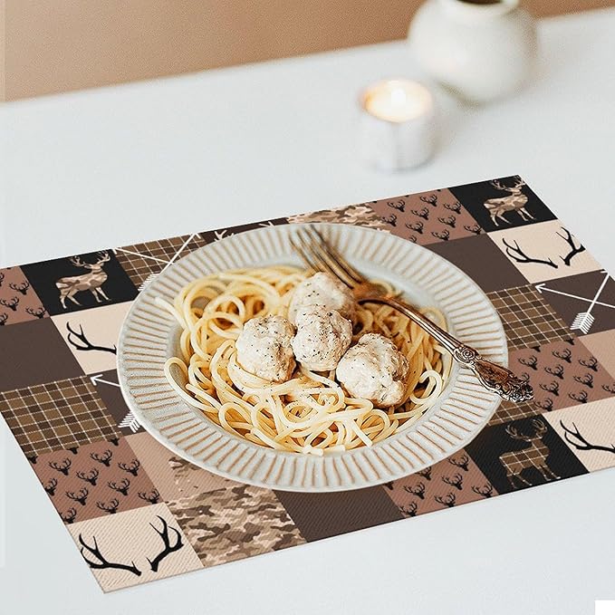 Vintage Camouflage Bear Moose Place Mats Set of 6 Pine Tree Wild Animal Kitchen Dining Table Mat for Indoor Outdoor Decorations 12 X 18 Inch 6 PCS, Style-21