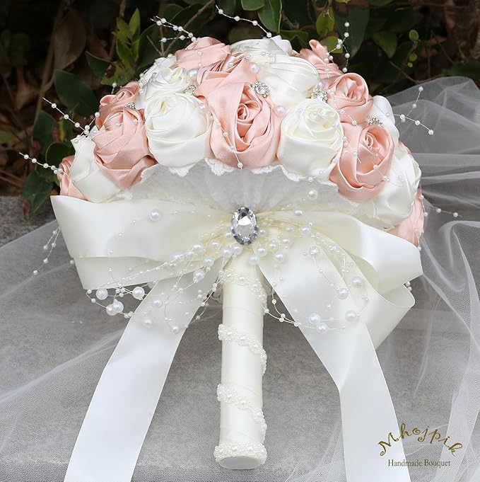 Bridal Wedding Bouquet Round Bling Brooch Bouquet Throw Toss Artificial Rose Flower Bunch for Bride Bridesmaid Wedding Quinceanera(Peach Pink & Ivory, 9.8")