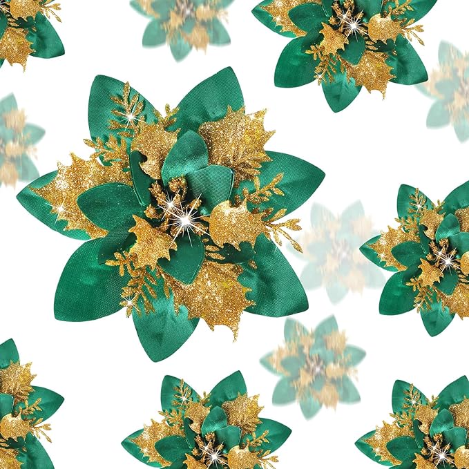 Geosar 24 Christmas Glitter Artificial Poinsettia Flowers Xmas Poinsettia Artificial Wedding Flowers Decorations Xmas Tree Ornaments with Clips for Party Favors, 6 Inch, 4 Inch, 3 Inch (Green, Gold)