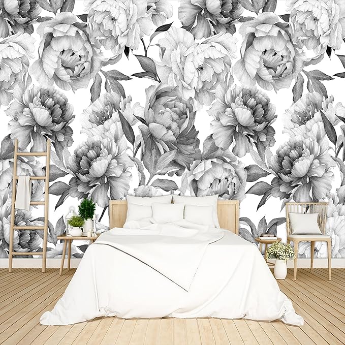 Grey Peony Floral Wallpaper Peel and Stick Wall Mural for Bedroom Living Room - 58"x86"