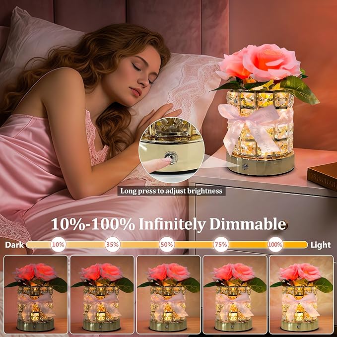 Rose Flower Lamp,Rechargeable Cordless LED Touch Table Lamp,3 Color Infinitely Dimming Bedside Lamps,Small Night Light for Living Room Bedroom Home Decor,Birthday Gifts for Women Mom (Rose)