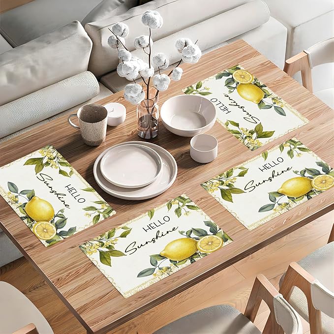 Lemon Iris Summer Placemats Set of 4, Rustic Fruit Place Mats, Country Hello Sunshine Dining Table Mats, Washable Placemats for Kitchen Dining Room Home Decor 18L'' × 12W''