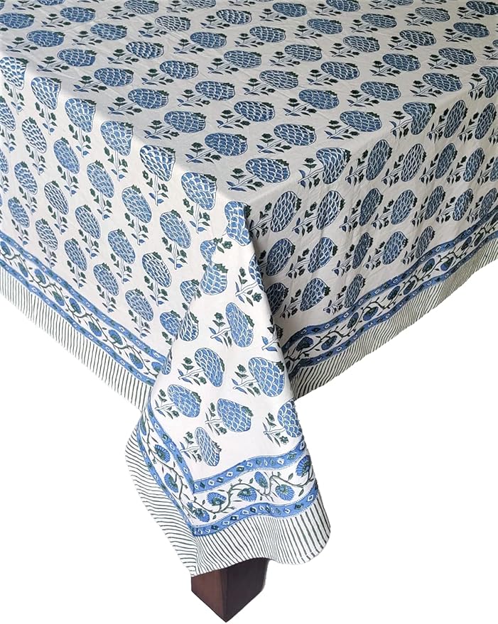 ATOSII Roma Blue 100% Cotton Boho Rectangle Fall Tablecloth, Handblock Floral Print Table Cloth Linen for Kitchen Dining I Parties, Outdoors, Weddings, Christmas, Thanksgiving Decor 60 X 90 Inches