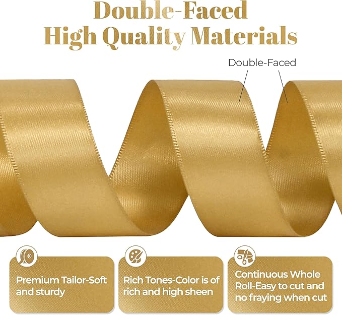Light Gold Satin Ribbon, Double Faced 1 Inch X 25 Yards Light Gold Ribbon, Premium Satin Ribbon for Gift Wrapping, Crafts, Hair Bow Making, Sewing, Flower Bouquet, Wedding Party Decor