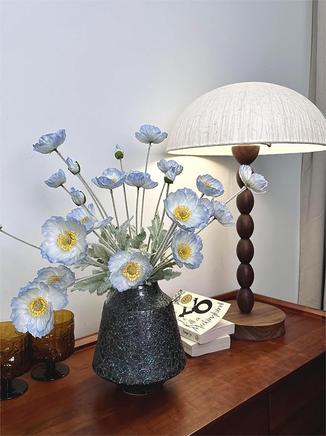 Set of 6 Light Blue Silk Poppy Flowers Artificial with Stems Silk Poppies Bouquet Faux Ranunculus Artificial Flowers for Wedding Party Home Office Indoor Decoration (Light Blue)