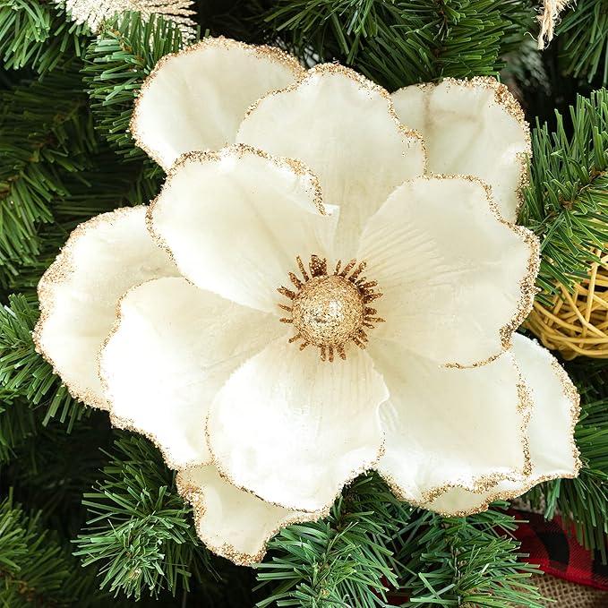 KI Store Christmas Tree Poinsettia Flower Cream White Velvet Magnolia Artificial Floral Ornaments Pack of 6 for Christmas Tree Decoration Wedding Centerpiece