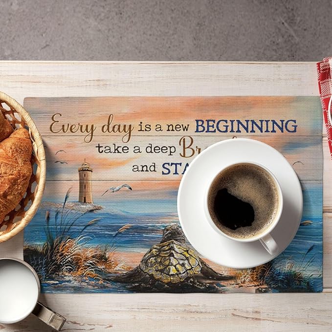 Sea Turtle Beach Summer Placemats Set of 4 Coastal Lighthouse Nautical Inspirational Quotes Double-Sided Table Mats for Dining Room Home Party Indoor 4 PCS 12x18 Inch