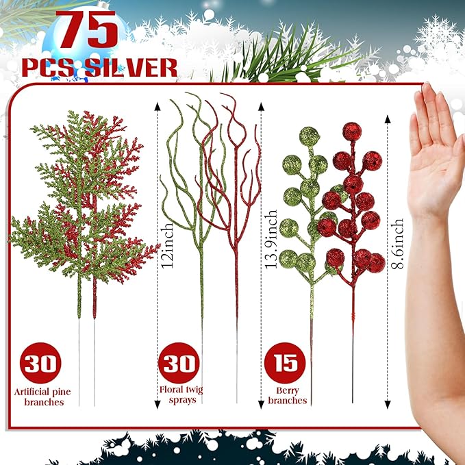 75 Pcs Christmas Glitter Branches 3 Styles Artificial Christmas Picks Berries Stems Pine Needles Floral Twig Spray for Xmas Tree Ornaments DIY Wreath Garland(Red, Green)