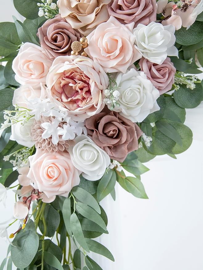 ponatia Wedding Arch Flowers with 26Ft Arch Fabric, Artificial Dusty Rose Wedding Flower for Welcome Signs Decorations for Wedding Ceremony Reception (Dusty Rose & Blush)