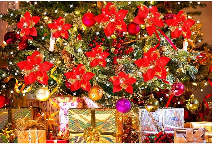 Boao 24 Pieces Christmas Artificial Glitter Poinsettia Flowers Xmas Flowers Wedding Christmas Tree New Year Ornaments(Red)