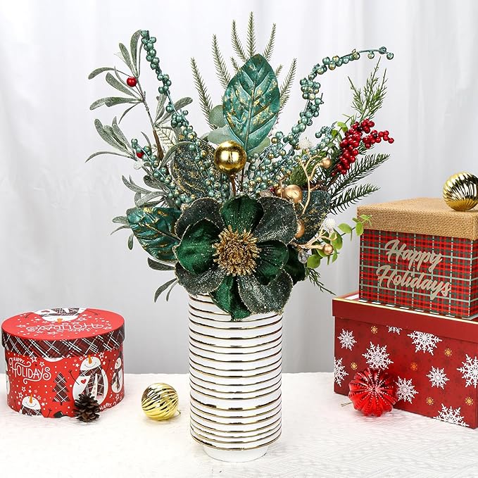 Briful 2PCS Christmas Glitter Magnolia Flowers Picks and Spray with Christmas Balls Ornament Berries Green Leaves Branches for Xmas Tree Wreath Vase Table Centerpiece(Green Gold)