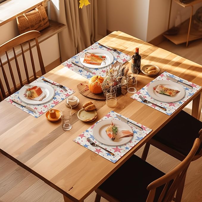 Patriotic Placemats Set of 4, Colorful American Stars Linen Place Mats Heat Resistant Non-Slip Washable Table Mats for Dining Kitchen Party Decor 12"x18"