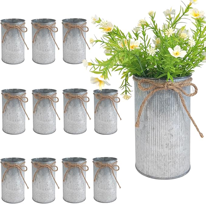 6" High Vase Centerpiece for Table, Rustic Farmhouse Mason Jars with Twine Bow, Vintage Galvanized Metal Flower Container for Wedding Home Decor (Silver, 12Pcs)