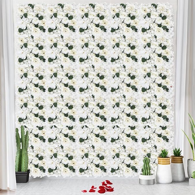 Pack of 12 Artificial Silk Flower Panels, Faux Floral Wall Background for Wedding Party Engagement Bridal Shower Arrangement Home Decorations - White