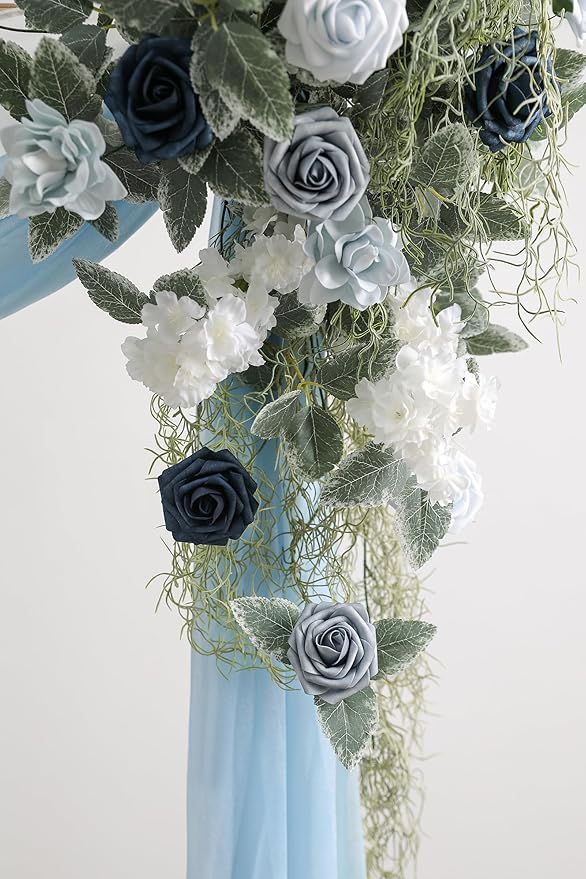 Blue Artificial Flowers Combo Box Set Gradient Color Flower Leaf with Stems for DIY Wedding Bouquets Centerpieces Baby Shower Party Home Decorations