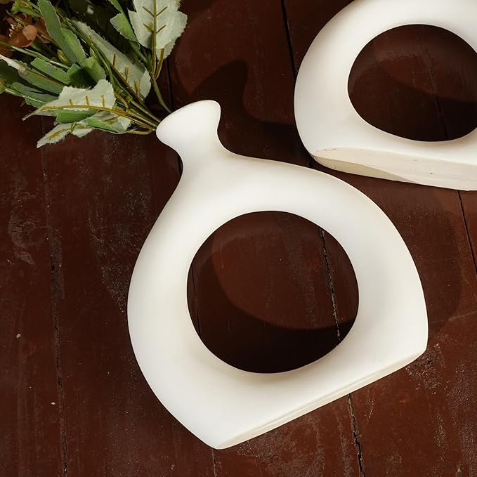 Ajuny Donut Vase Set of 2 – White Ceramic Modern Vases for Flowers, Pampas Grass, Centerpieces | Boho Table Decor for Living Room, Wedding, Kitchen, TV Stand, Office, Shelf, Mantle
