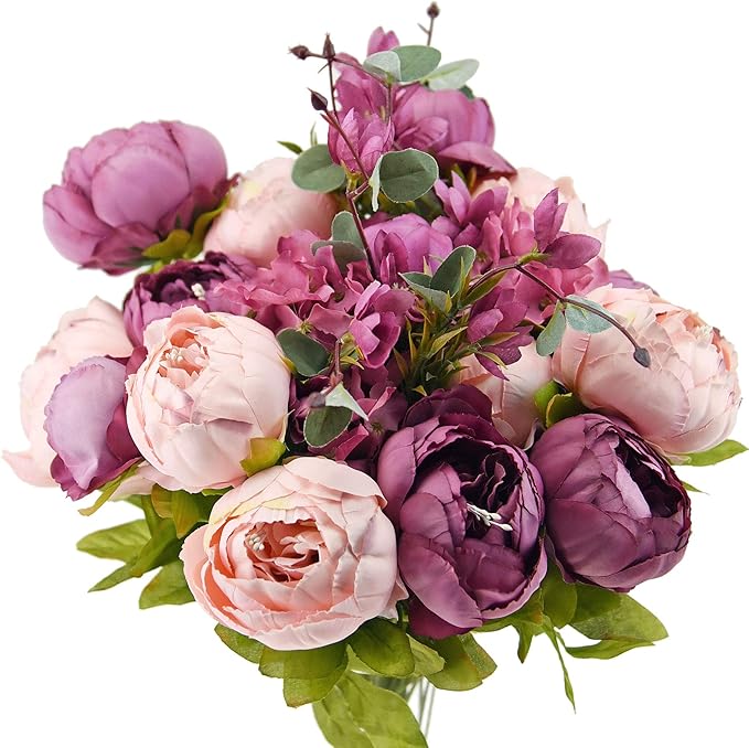 FiveSeasonStuff Vintage Artificial Peonies Silk Flowers and Hydrangeas for Wedding Bridal Home Décor – Beautiful Floral Centerpiece Arrangement Decoration with 2 Bouquets (Mixed Fandango)
