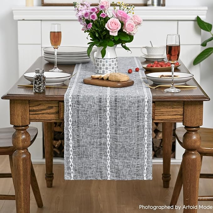 Artoid Mode Dark Grey Rustic Cotton Linen Table Runner, Seasonal Embroidered Hollow Kitchen Dining Table Decoration for Home Party Decor 13x60 Inch
